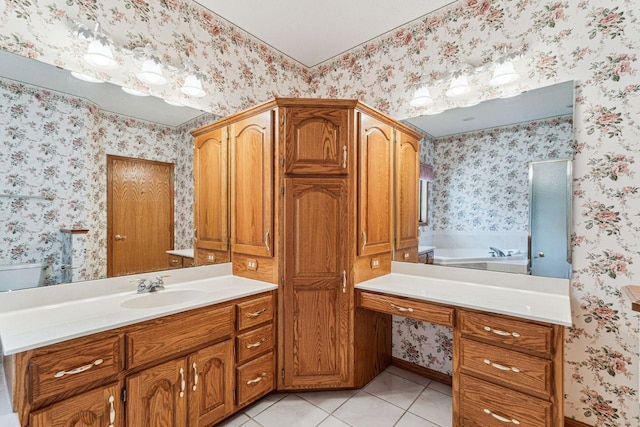 917 133rd Ln NE, Ham Lake, MN 55304 - full bathroom with vanity, tile patterned floors, a stall shower, a garden tub, and wallpapered walls
