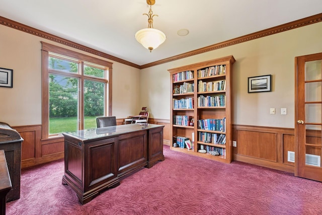 2906 Butternut Dr, Chaska, MN 55318 - office featuring wainscoting, carpet, and ornamental molding