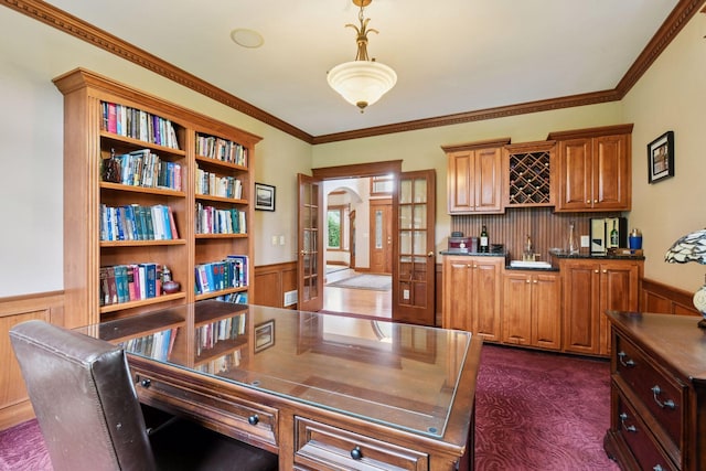 2906 Butternut Dr, Chaska, MN 55318 - office space featuring wainscoting, arched walkways, ornamental molding, dark colored carpet, and french doors