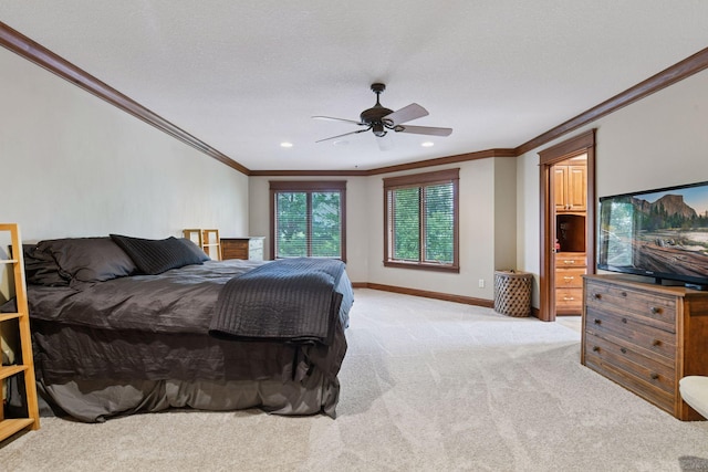 2906 Butternut Dr, Chaska, MN 55318 - bedroom featuring ornamental molding, light carpet, a ceiling fan, and recessed lighting