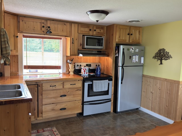 17251 State Highway 6, Deerwood, MN 56444 - kitchen featuring appliances with stainless steel finishes, under cabinet range hood, a wainscoted wall, light countertops, and a textured ceiling