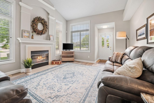 4345 Merrimac Ln N Unit 7, Plymouth, MN 55446 - living area with a fireplace with flush hearth, wood finished floors, baseboards, and lofted ceiling