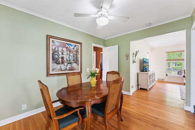 5718 13th Ave S, Minneapolis, MN 55417 - dining room featuring light wood-style flooring, baseboards, ceiling fan, and crown molding