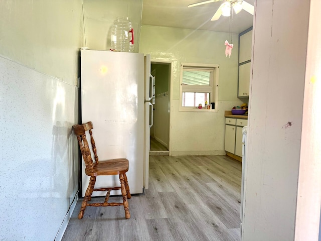 114 Thompson Ave, Rushmore, MN 56168 - kitchen featuring freestanding refrigerator, ceiling fan, and light wood-style floors