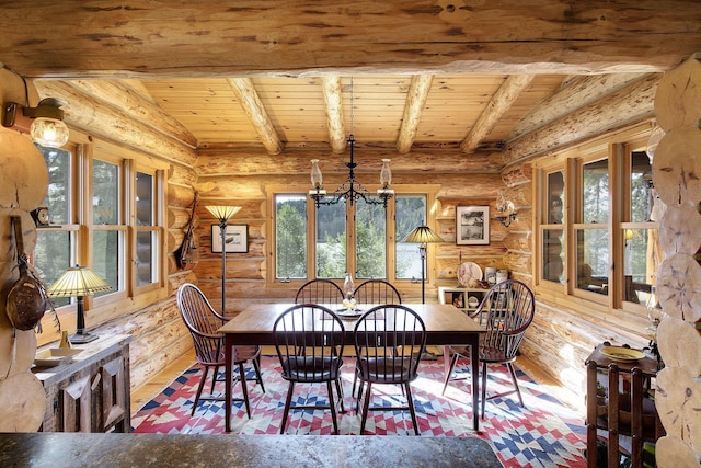 9453 Little Elbow Lk N, Cook, MN 55723 - dining room featuring wooden ceiling with exposed beams, log walls, wood finished floors, and a chandelier