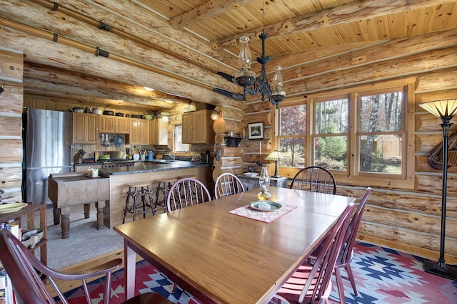 9453 Little Elbow Lk N, Cook, MN 55723 - dining room with rustic walls, wooden ceiling with exposed beams, and a chandelier