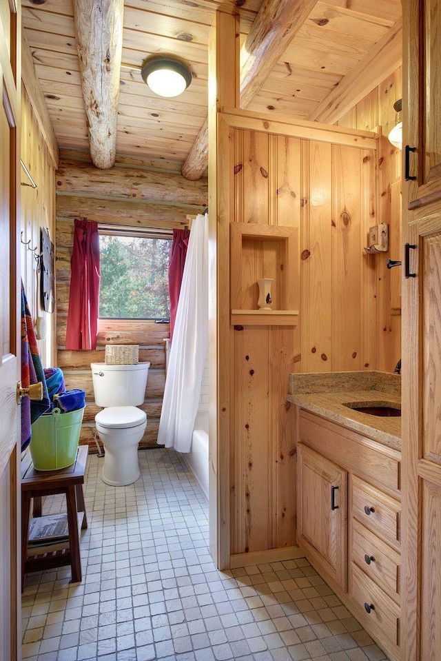 9453 Little Elbow Lk N, Cook, MN 55723 - bathroom with toilet, rustic walls, wood ceiling, vanity, and shower / bath combination with curtain