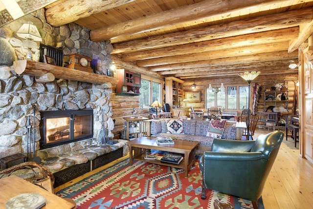 9453 Little Elbow Lk N, Cook, MN 55723 - living room featuring hardwood / wood-style flooring, wooden ceiling with exposed beams, a fireplace, and rustic walls