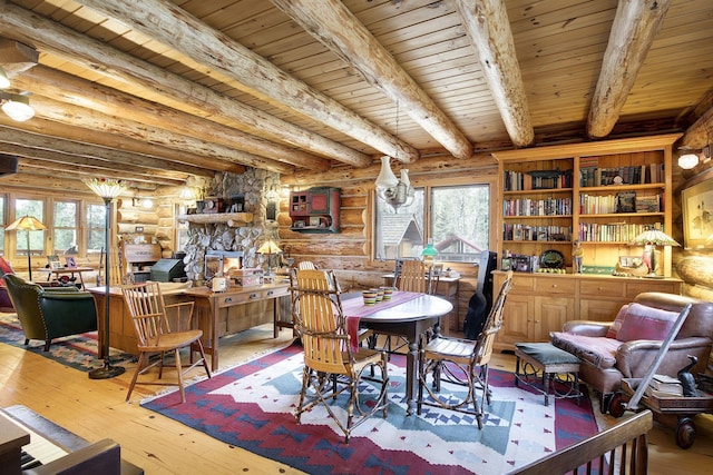 9453 Little Elbow Lk N, Cook, MN 55723 - dining room with log walls, hardwood / wood-style flooring, and wooden ceiling with exposed beams