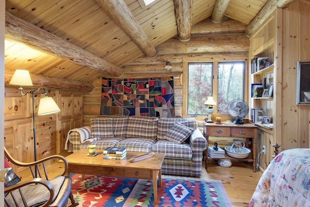 9453 Little Elbow Lk N, Cook, MN 55723 - living area featuring rustic walls, hardwood / wood-style flooring, and wood ceiling