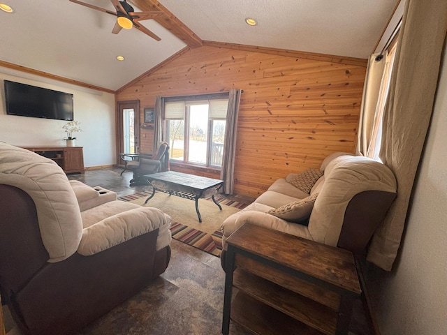 13150 Maple Circle Dr SE, Hudson Twp, MN 56334 - living area featuring wooden walls and ceiling fan