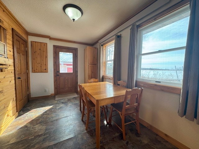 13150 Maple Circle Dr SE, Hudson Twp, MN 56334 - dining area with baseboards, dark stone finish floors, a textured ceiling, and crown molding