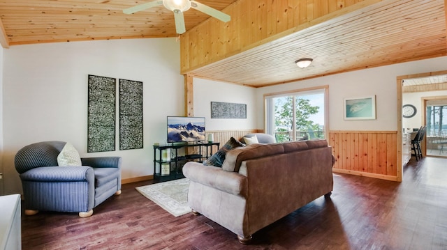 10787 Reynolds Rd, Round Lake Twp, WI 54843 - living room featuring healthy amount of natural light, wooden ceiling, wainscoting, dark wood-style flooring, and wood walls