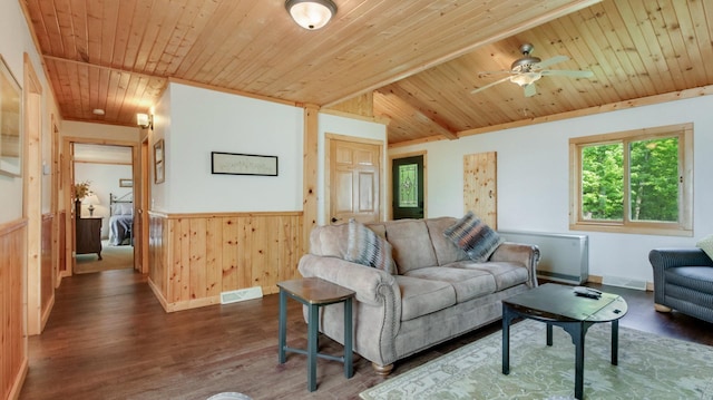 10787 Reynolds Rd, Round Lake Twp, WI 54843 - living area featuring wooden ceiling, wood finished floors, wainscoting, a ceiling fan, and wooden walls