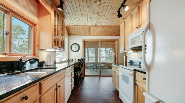 10787 Reynolds Rd, Round Lake Twp, WI 54843 - kitchen with white appliances, wooden ceiling, a sink, dark wood-style floors, and glass insert cabinets