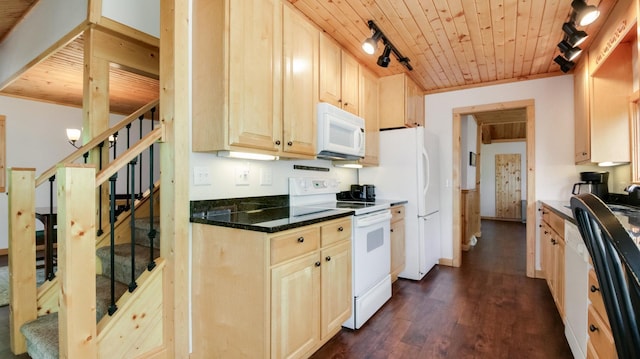 10787 Reynolds Rd, Round Lake Twp, WI 54843 - kitchen featuring white appliances, wood ceiling, track lighting, dark countertops, and dark wood-style flooring