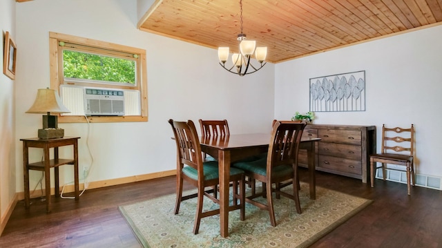 10787 Reynolds Rd, Round Lake Twp, WI 54843 - dining space with wooden ceiling, wood finished floors, a chandelier, cooling unit, and baseboards