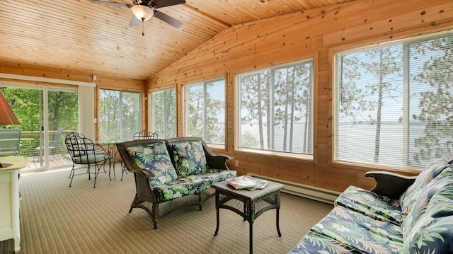 10787 Reynolds Rd, Round Lake Twp, WI 54843 - sunroom / solarium featuring vaulted ceiling, wood walls, and a baseboard heating unit