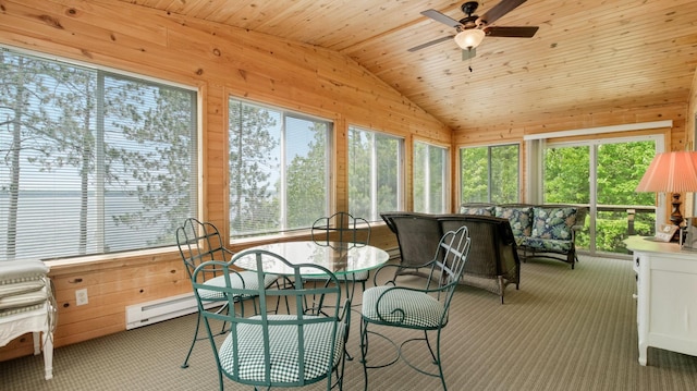 10787 Reynolds Rd, Round Lake Twp, WI 54843 - sunroom / solarium featuring vaulted ceiling, healthy amount of natural light, ceiling fan, wooden walls, and carpet
