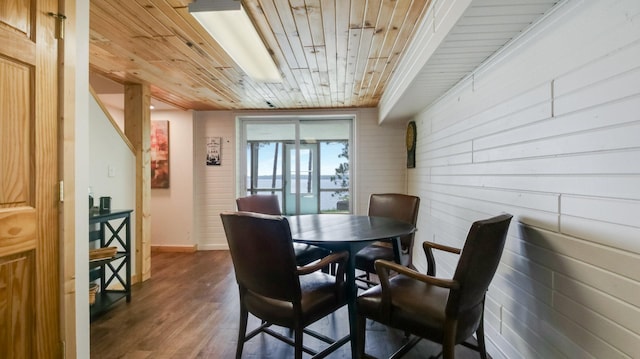 10787 Reynolds Rd, Round Lake Twp, WI 54843 - dining room with dark wood finished floors, wood ceiling, wooden walls, and baseboards