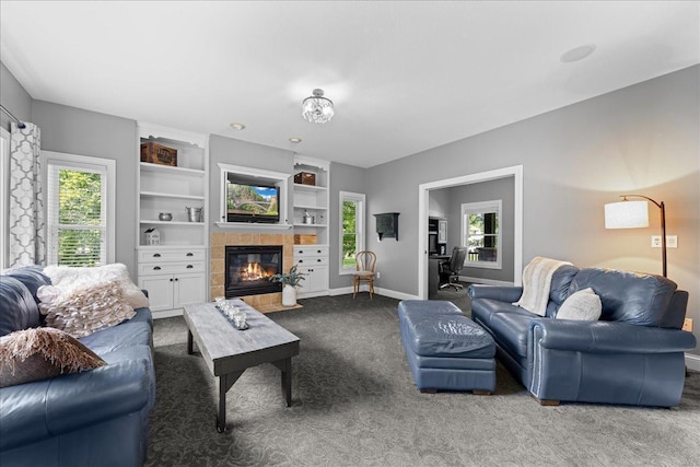 1848 141st Ln NE, Ham Lake, MN 55304 - living area featuring carpet floors, a fireplace, plenty of natural light, and built in features