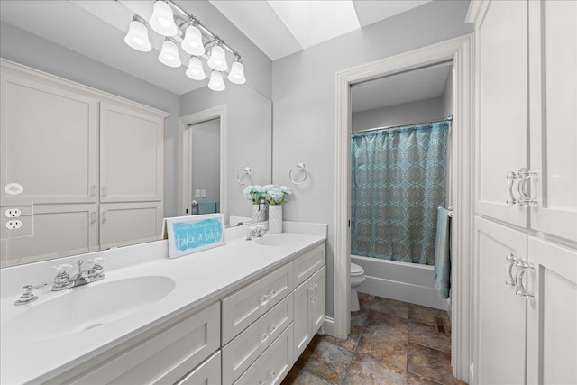 1848 141st Ln NE, Ham Lake, MN 55304 - full bath with double vanity, stone finish flooring, and shower / bathtub combination with curtain