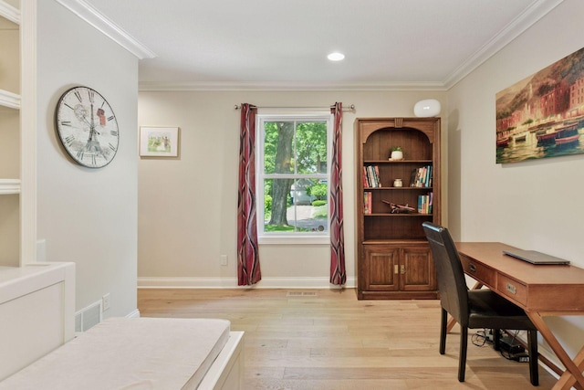 312 Barry Ave N, Wayzata, MN 55391 - home office with crown molding, light wood-style floors, baseboards, and recessed lighting