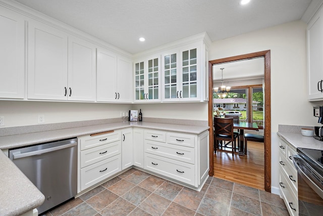 135 Glen Creek Rd NE, Fridley, MN 55432 - kitchen with dishwasher, recessed lighting, stone finish flooring, white cabinets, and light countertops
