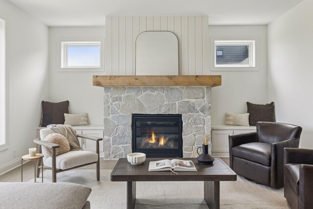 10172 Peony Ln N, Maple Grove, MN 55311 - living area featuring a stone fireplace and light wood-style floors