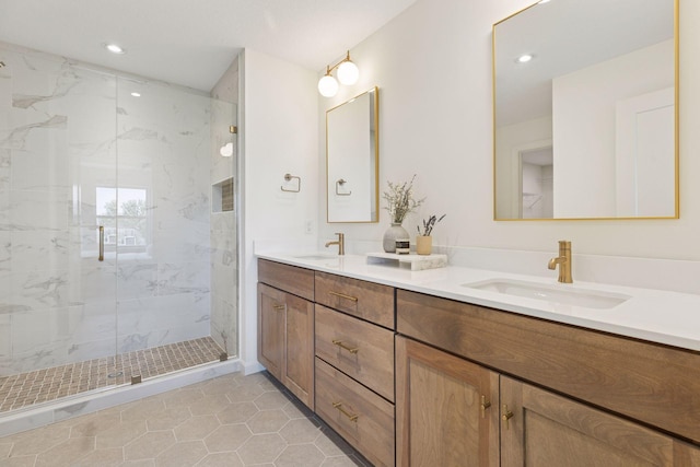10172 Peony Ln N, Maple Grove, MN 55311 - bathroom featuring double vanity, a marble finish shower, recessed lighting, and tile patterned flooring