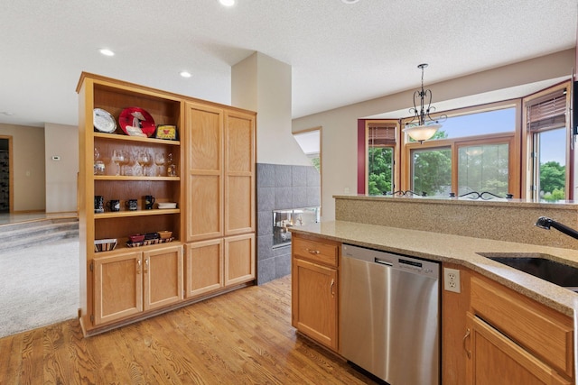 20886 Jenkins Way, Lakeville, MN 55044 - kitchen with stainless steel dishwasher, light stone countertops, light wood-type flooring, pendant lighting, and recessed lighting