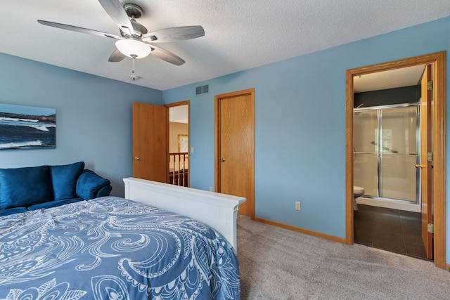 20886 Jenkins Way, Lakeville, MN 55044 - carpeted bedroom with connected bathroom, a textured ceiling, and a ceiling fan