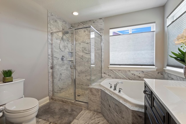 1270 Crosswinds Ct, Waconia, MN 55387 - bathroom with a garden tub, toilet, a shower stall, vanity, and recessed lighting