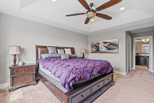 1270 Crosswinds Ct, Waconia, MN 55387 - bedroom with light colored carpet, a raised ceiling, baseboards, recessed lighting, and a ceiling fan
