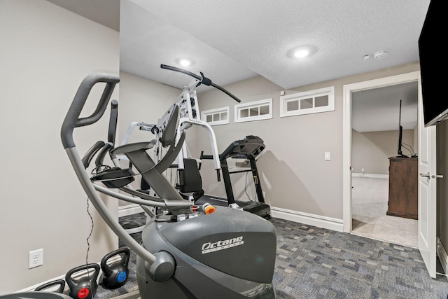 1270 Crosswinds Ct, Waconia, MN 55387 - workout area featuring a textured ceiling, carpet floors, baseboards, and recessed lighting