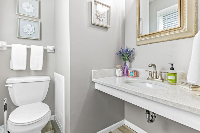 7136 145th St W, Apple Valley, MN 55124 - half bathroom with toilet, baseboards, vanity, and wood finished floors