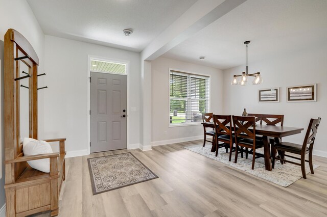9867 Kahler Ave NE, Monticello, MN 55362 - foyer entrance with light wood-style flooring, baseboards, and a chandelier