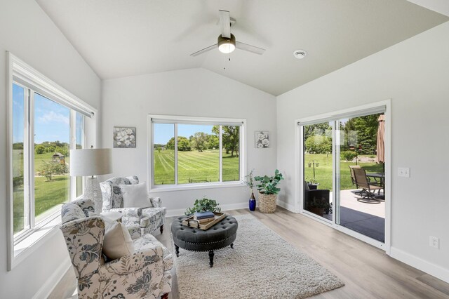 9867 Kahler Ave NE, Monticello, MN 55362 - sitting room featuring vaulted ceiling, ceiling fan, wood finished floors, and baseboards