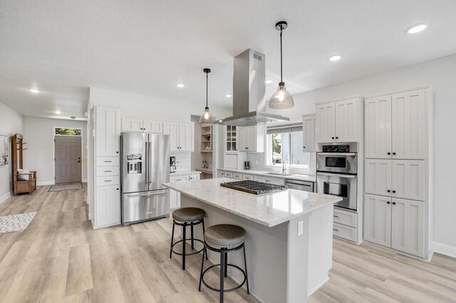 9867 Kahler Ave NE, Monticello, MN 55362 - kitchen featuring stainless steel appliances, island exhaust hood, light wood finished floors, a center island, and healthy amount of natural light