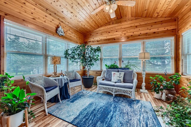 11760 88th Pl N, Maple Grove, MN 55369 - sunroom featuring lofted ceiling, a ceiling fan, healthy amount of natural light, wood walls, and wood finished floors