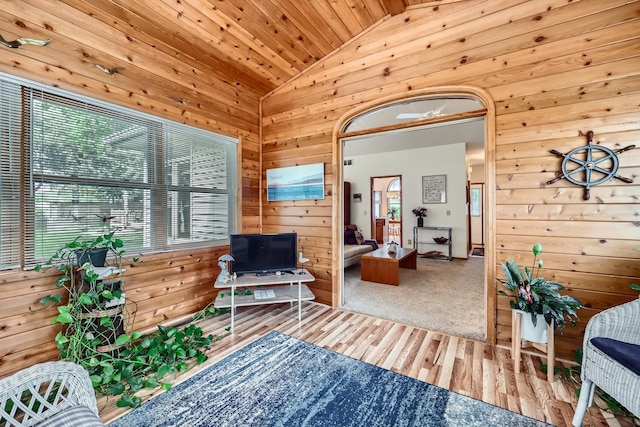 11760 88th Pl N, Maple Grove, MN 55369 - living area with lofted ceiling, wooden walls, wood ceiling, and wood finished floors