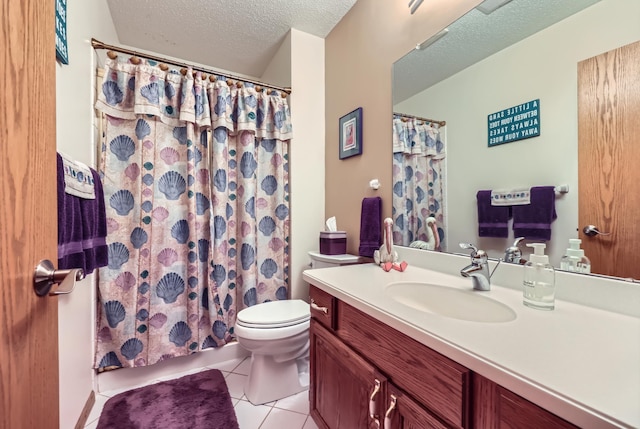 11760 88th Pl N, Maple Grove, MN 55369 - bathroom featuring a textured ceiling, vanity, tile patterned flooring, and a shower with curtain