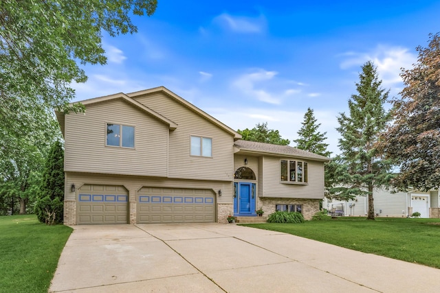 1201 Maplewood Dr, Delano, MN 55328 - raised ranch featuring brick siding, a garage, driveway, and a front yard