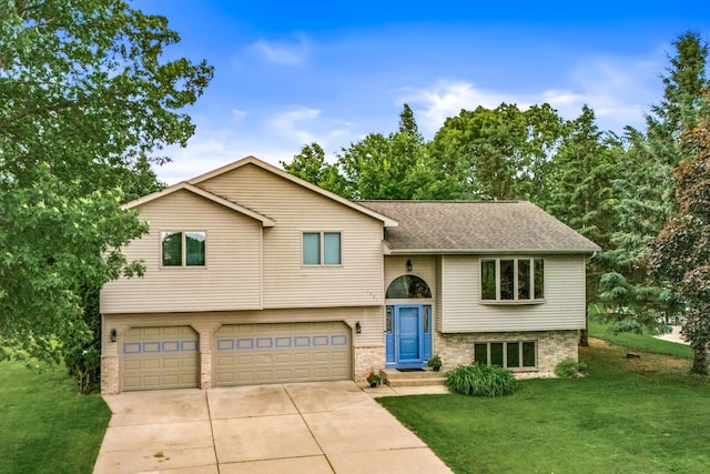 1201 Maplewood Dr, Delano, MN 55328 - raised ranch featuring a front lawn, driveway, a garage, brick siding, and a shingled roof