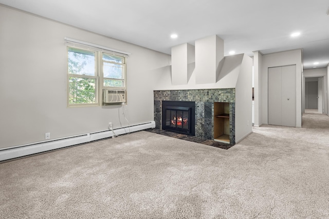 666 Ashland Ave Unit 5, Saint Paul, MN 55104 - unfurnished living room featuring a baseboard heating unit, carpet flooring, a premium fireplace, cooling unit, and recessed lighting