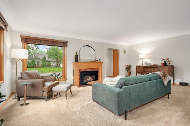 4313 Arthur St NE, Columbia Heights, MN 55421 - living area with carpet, a fireplace, and baseboards