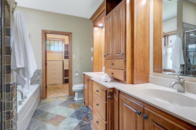 904 Ridgecrest Dr, Carver, MN 55315 - bathroom with double vanity, a bath, an enclosed shower, and stone finish flooring