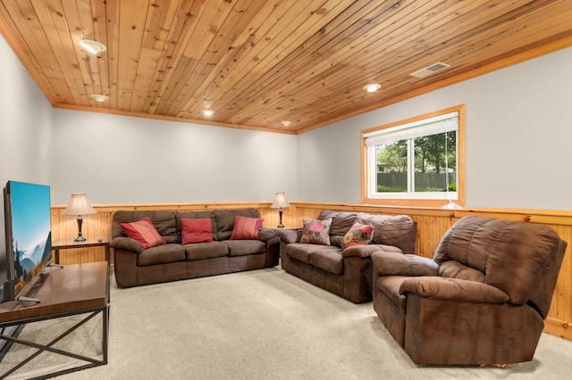 2745 Maplewood Cir, Monticello, MN 55362 - carpeted living area with crown molding, wainscoting, wood ceiling, and wooden walls