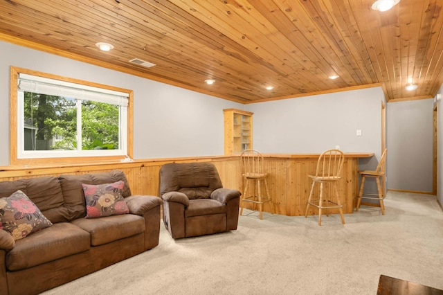 2745 Maplewood Cir, Monticello, MN 55362 - living room featuring wooden ceiling, ornamental molding, wainscoting, carpet, and wood walls