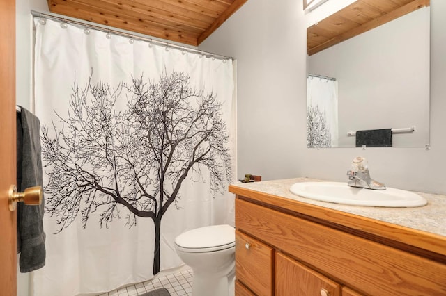 2745 Maplewood Cir, Monticello, MN 55362 - full bath featuring wood ceiling, vanity, toilet, tile patterned floors, and curtained shower